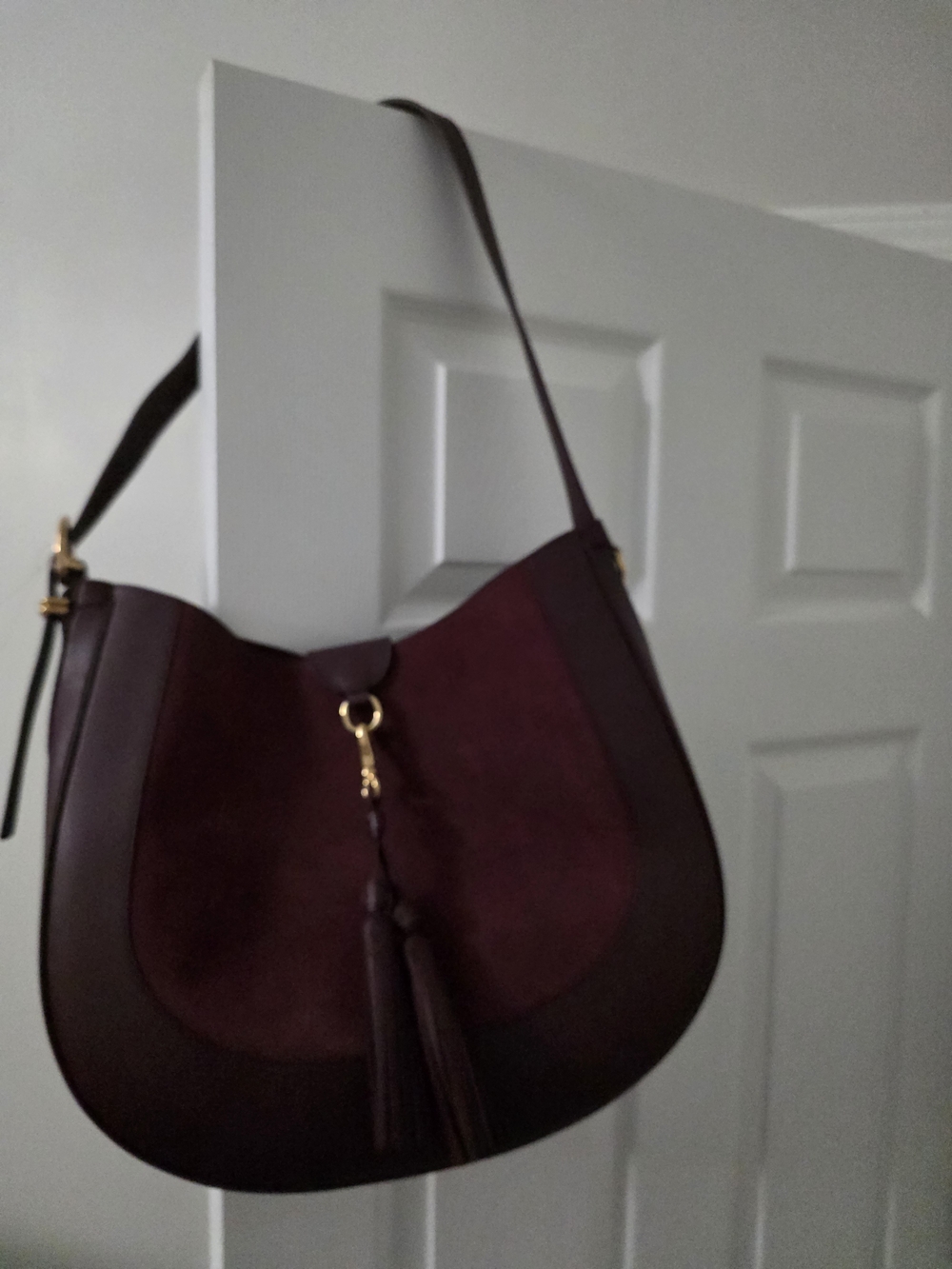 Suede and Leather Tassel Hobo Shoulder Bag - Burgundy